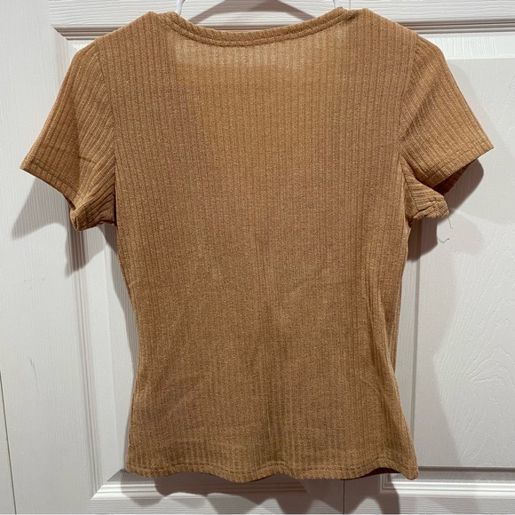 SHEIN Women’s Rib-Knit Surplice Neck Soft Pleated Short-Sleeve Top - tan, size S - Picture 5 of 7
